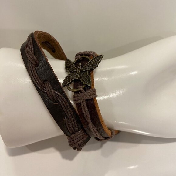 Boho Leather & Cord Butterfly Charm 2 set Bracelets genuine leather brown nature - Picture 4 of 13
